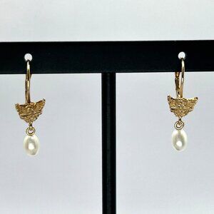 14k Yellow Gold Angel Dangle Pearl Earrings w French Clip Safety Closure